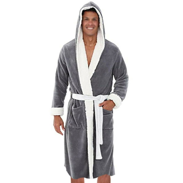 Innerwin Bath Robes Hoodie Men's Wrap Robe Winter Long Sleeve Soft Dressing Gown Gray White 4XL