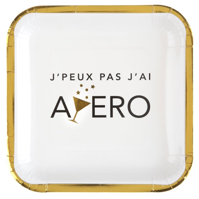 Exquisite Apero Theme Party Dinner Plates in white with a chic design featuring the phrase 'J'peux pas j'ai Apero' in black and gold text, accompanied by a gold cocktail glass icon. The square plate has a gold border, adding an elegant touch to any birthday or celebration. Durable and lightweight, these plates are perfect for serving a variety of party foods while enhancing the aesthetic of your event.
