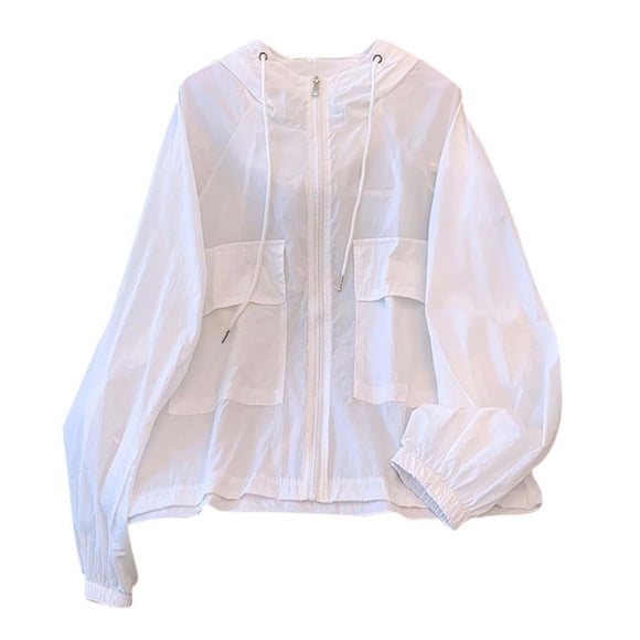 Brnmxoke Womens Workout Zip Up Jacket Summer UPF 50+ Sun Protection Loose Jackets Drawstring Hooded Lightweight Long Sleeve Athletic Thin Coats with Pockets White,L