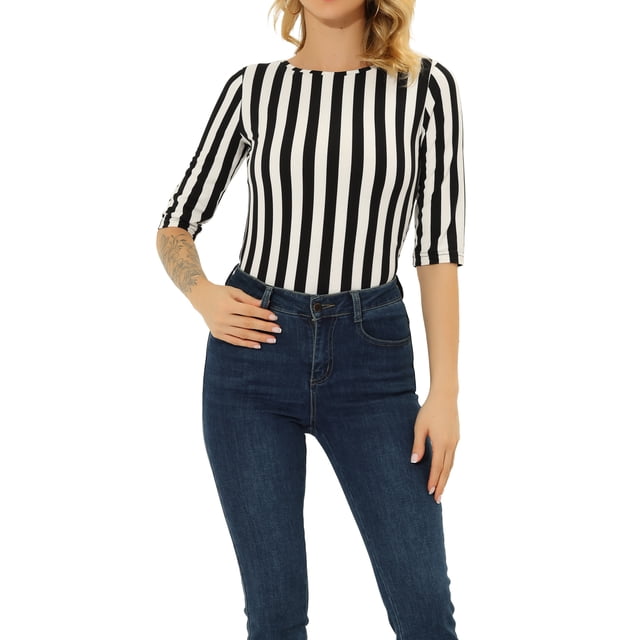 INSPIRE CHIC Hauts pour Femmes Non Doublés Col Rond Manches au Coude Coupe Ajustée T-Shirt Décontracté S Noir-Rayure Verticale