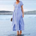 thumbnail image 2 of Robes Boho pour Femmes Été Plage Coton Lin Robe Maxi Col Ras du Cou Manches Courtes Fendue Vacances Robe Longue Unie, 2 of 4