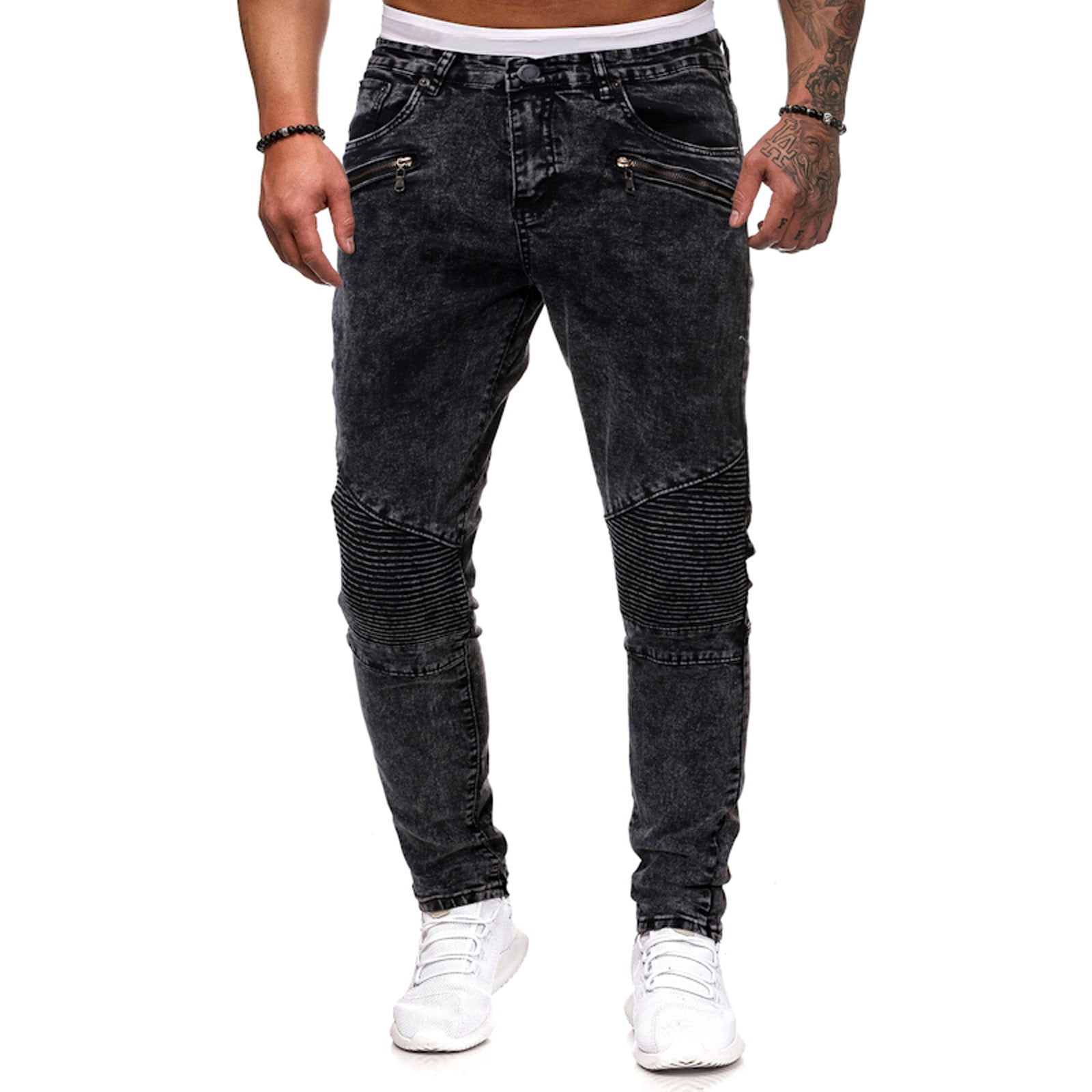 EGNMCR Jeans for Men, Men's Elastic Waist Loose Fit Denim Pants, Mens Pull On Jeans Men Solid Casual Fabric Sports Zipper Closure Trousers Line Design Pants Men Pants
