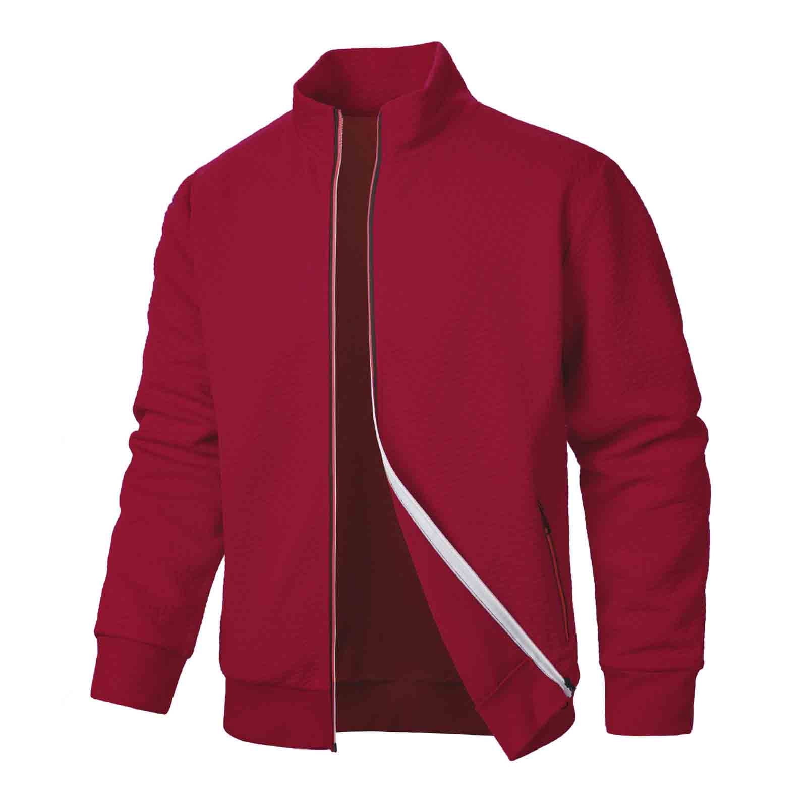 aohooy Mens Varsity Bomber Jacket - Fall Lightweight Jacquard Zip Up Stand Collar Textured with Pockets Red,XXL