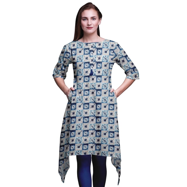 Bimba Kurti Asymétrique Bleu Carré Imprimé Shibori pour Femmes Robe d'Été Indienne Tunique Petit