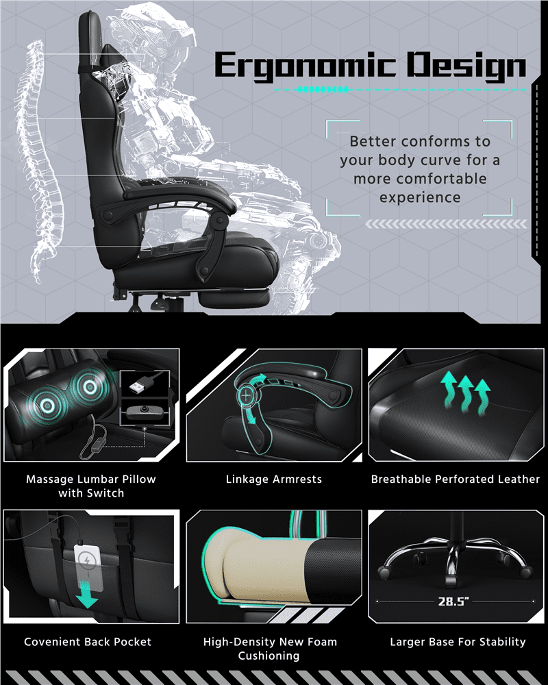 FullFurnique Chaise Gaming Ergonomique à Dossier Haut avec Repose-pieds Coulissant, Noir Intégral