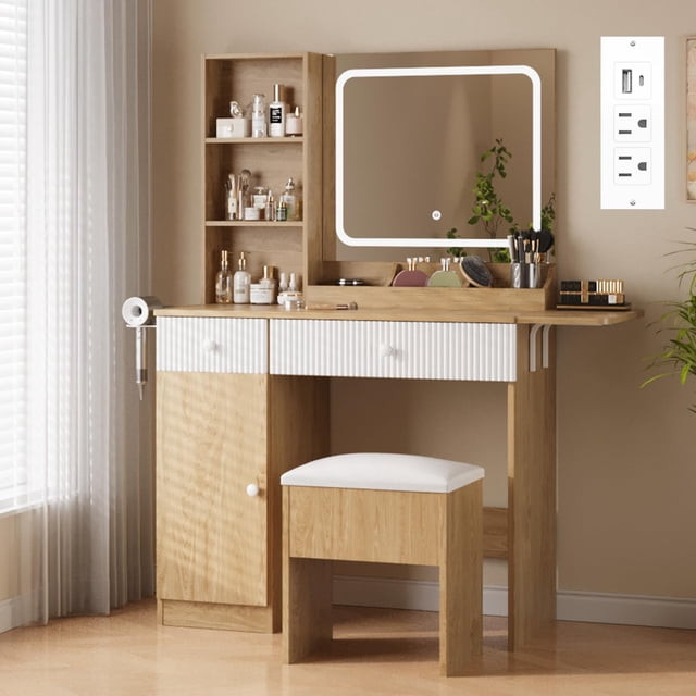 BeesClover Vanity Desk with Mirror and Lights, a wooden vanity set with built-in LED mirror offering 3 adjustable lighting modes. Features integrated power outlets, spacious drawers, storage shelves, and a padded stool. Perfect for organizing cosmetics and accessories in a bedroom setting.