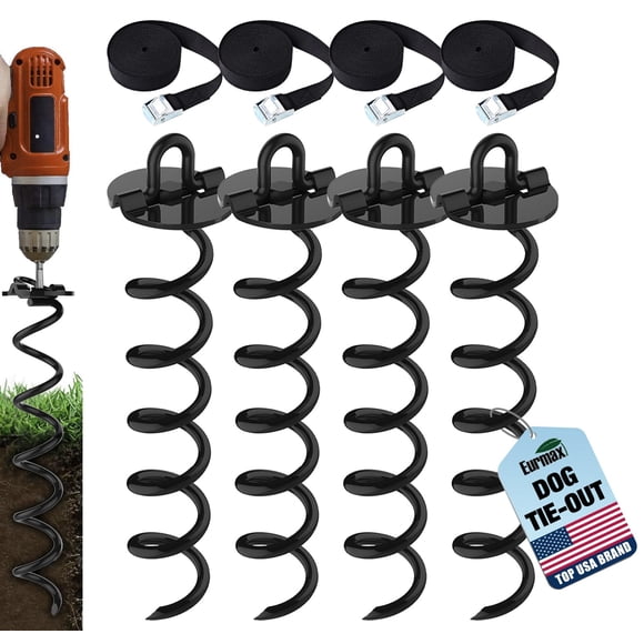 Eurmax USA 4-Pc Pack Spiral Stakes Heavy Duty Anchor Kit Ice Screw Anchor for Trampoline Tents tarps Canopies car Ports Dog tie Out and etc Bonus Tie Down Straps 4-Pc Pack (Black)