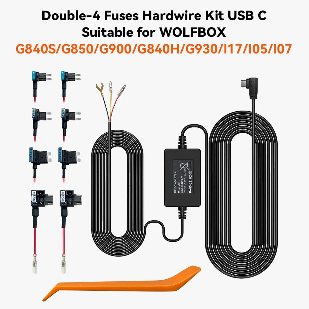 WOLFBOX USB C Hardwire Kit for G840S/G930/G910/G850/G900 Mirror Dash Cam, Parking Monitor with Multiple Size connectors