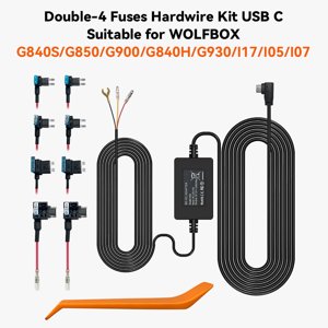 WOLFBOX USB C Kit de fils durs pour G840S/G930/G910/G850/G900 Mirror Dash Cam, moniteur de stationnement avec connecteurs de plusieurs tailles