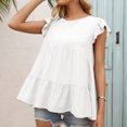thumbnail image 3 of Femmes T-shirt Été Dentelle Col Rond Manches Courtes T-shirt Décontracté Femmes en Vrac Top, Blanc, XL, 3 of 7