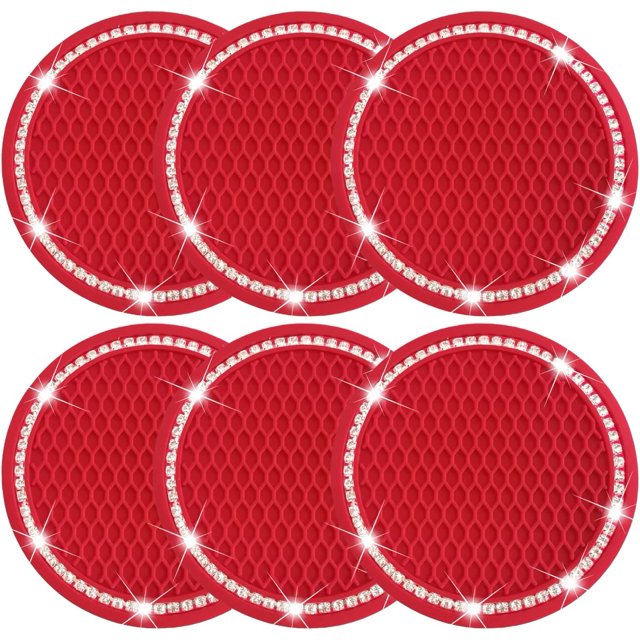ORUYROP PinePoem Car Cup Holder Coaster with Bling Crystal Rhinestone, 6 Pack Universal Auto Anti Slip Cup Holder Insert Coaster, Car Interior Accessories 2.75in