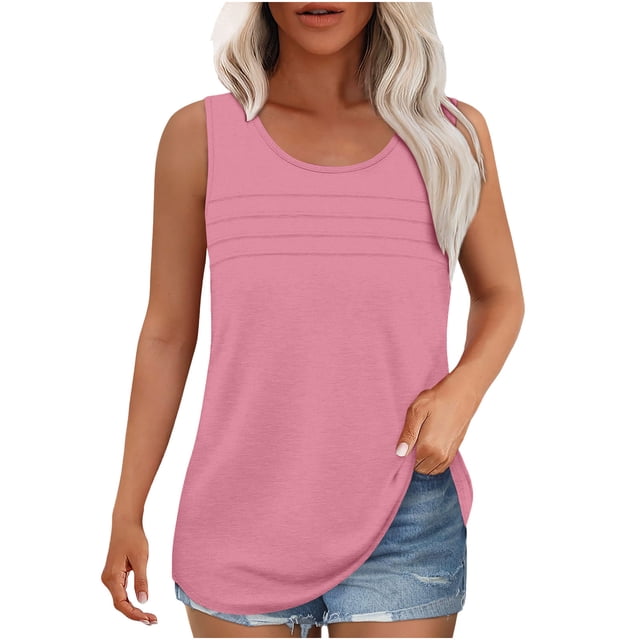 Besolor Womens Summer Sleeveless Shirts 2025 Casual Round Neck Tank Tops Loose Solid Color Basic Tee Plus Size