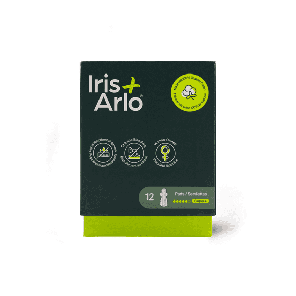 Iris + Arlo Organic Pads with Wings, Super +, 100% Cotton, Chemical-Free, Non-toxic, No plastic (12 Count)
