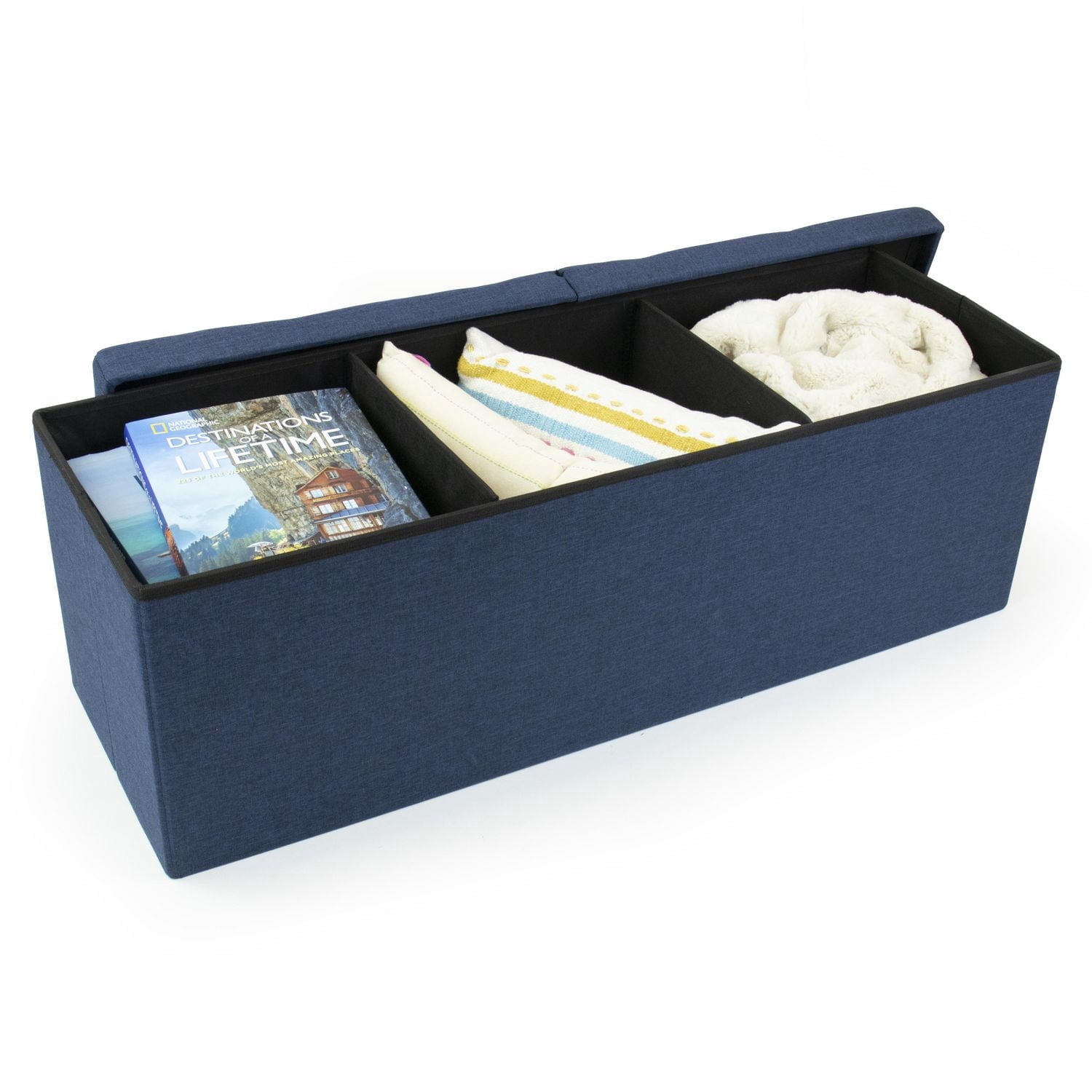 Banc de rangement pliant à couvercle rabattable capitonné Harper, 43 po, bleu