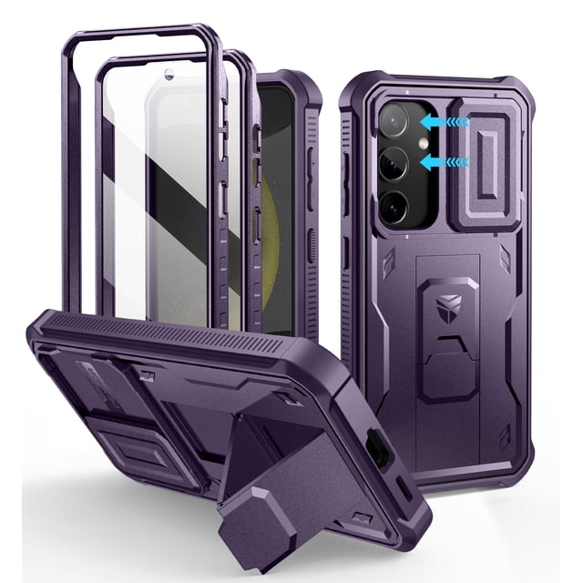 Dexnor for Samsung Galaxy S24 case in purple, featuring a built-in slide camera cover, screen protector, and kickstand. This heavy-duty, shockproof, full-body bumper case offers military-grade drop protection up to 10ft and is designed for outdoor adventures. The case includes precise cutouts for ports and buttons, supports wireless charging and PowerShare, and has a dual-frame option for screen protection. The kickstand doubles as a ring holder for secure grip and versatile viewing angles.