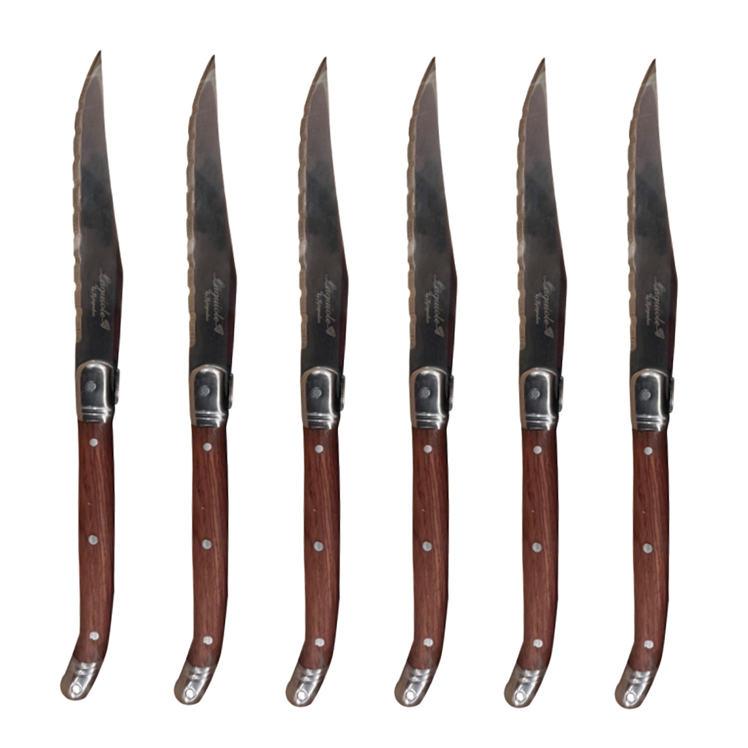 JS Gourmet - Set of 6 Laguiole Steak Knives, Stainless Steel Blade, Wooden Handles