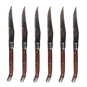 JS Gourmet - Set of 6 Laguiole Steak Knives, Stainless Steel Blade, Wooden Handles