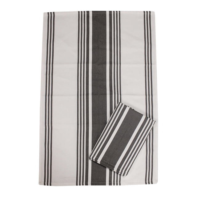 Hometrends 100% Cotton Kitchen Towel, 2-Pack in grey and white vertical stripes, made from absorbent, machine-washable cotton, measuring 18x28 inches, shown flat with one towel folded, suitable for drying dishes or covering baked goods.