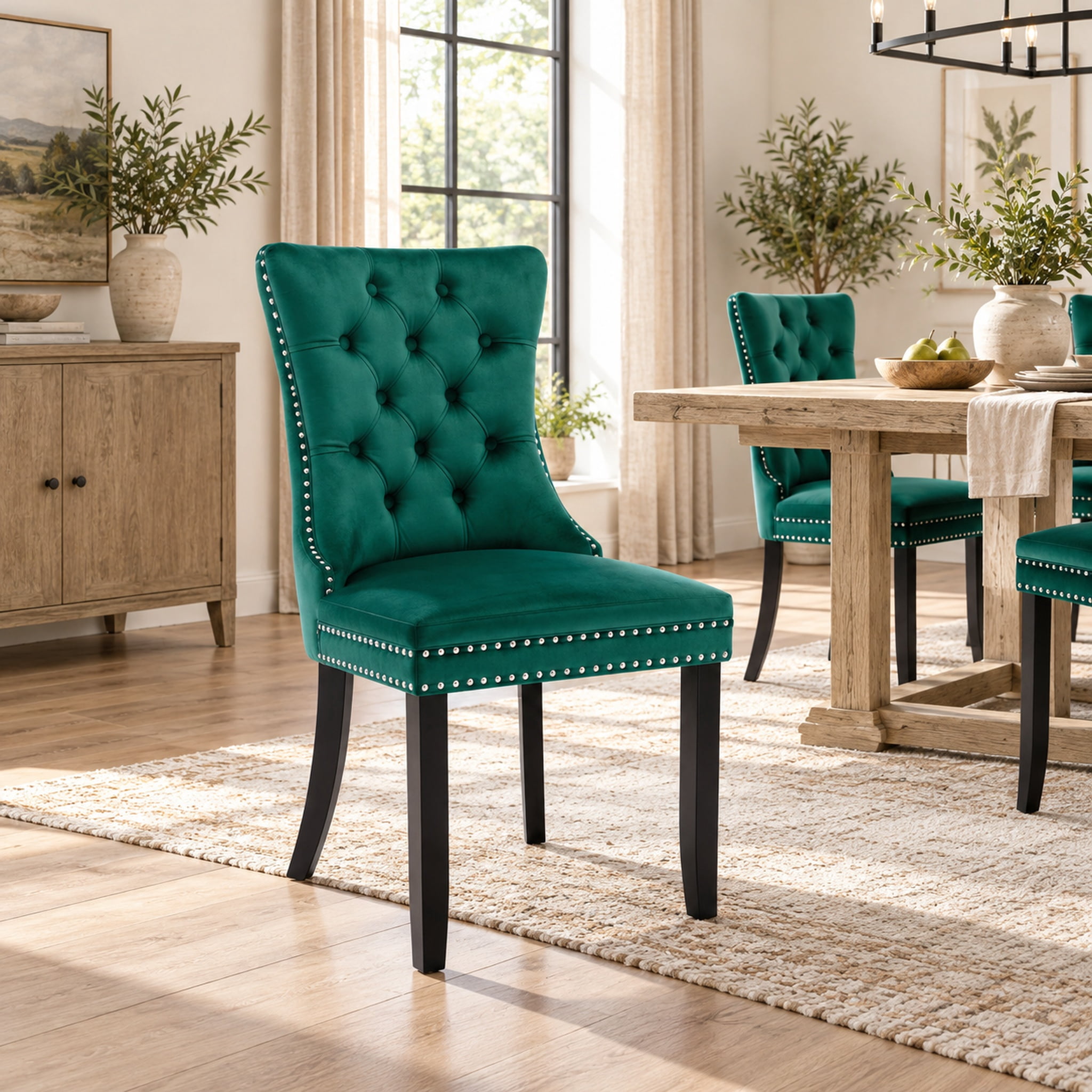 Homy Casa Green Velvet Tufted Dining Chairs Set of 2 with Solid Wood Legs and Nailhead Trim