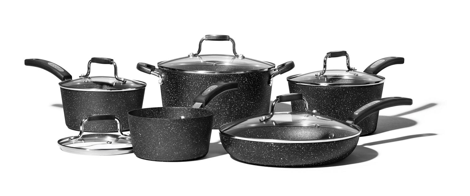 Starfrit The Rock Classic10pc Non-Stick Cookware Set, Durable Forged Aluminum, Oven Safe, PFOA Free, Easy to Clean, Black