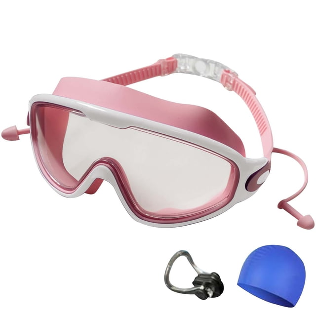 Gros Rabais! Lunettes de Natation Étanches à Grande Monture HD avec Monture en silicone Rose et Blanche et Verres Transparents. Inclut un Bonnet de Bain Bleu et un Pince-Nez. Conçues pour les Enfants, Ces Lunettes Offrent un Ajustement Étanche, une protection UV et une Technologie Antibuée pour une vision Claire sous l'Eau. Sangles Ajustables Assurent un Ajustement Sûr et Confortable. Idéales pour les Activités de Natation Intérieures et Extérieures.