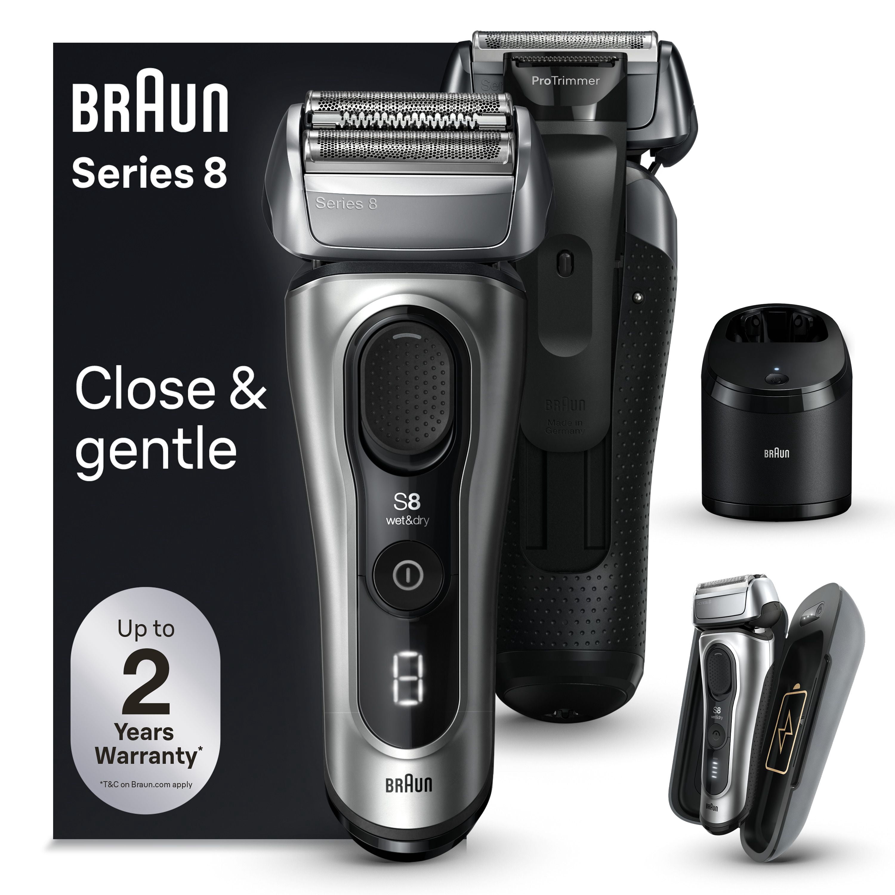 Braun Series 8 Electric Shaver for Men, with 4+1 Shaving Elements & Precision Long Hair Trimmer, 5in1 SmartCare Center, Close & Gentle Even on Dense Beards, PowerCase for Mobile Charging, Wet & Dry El