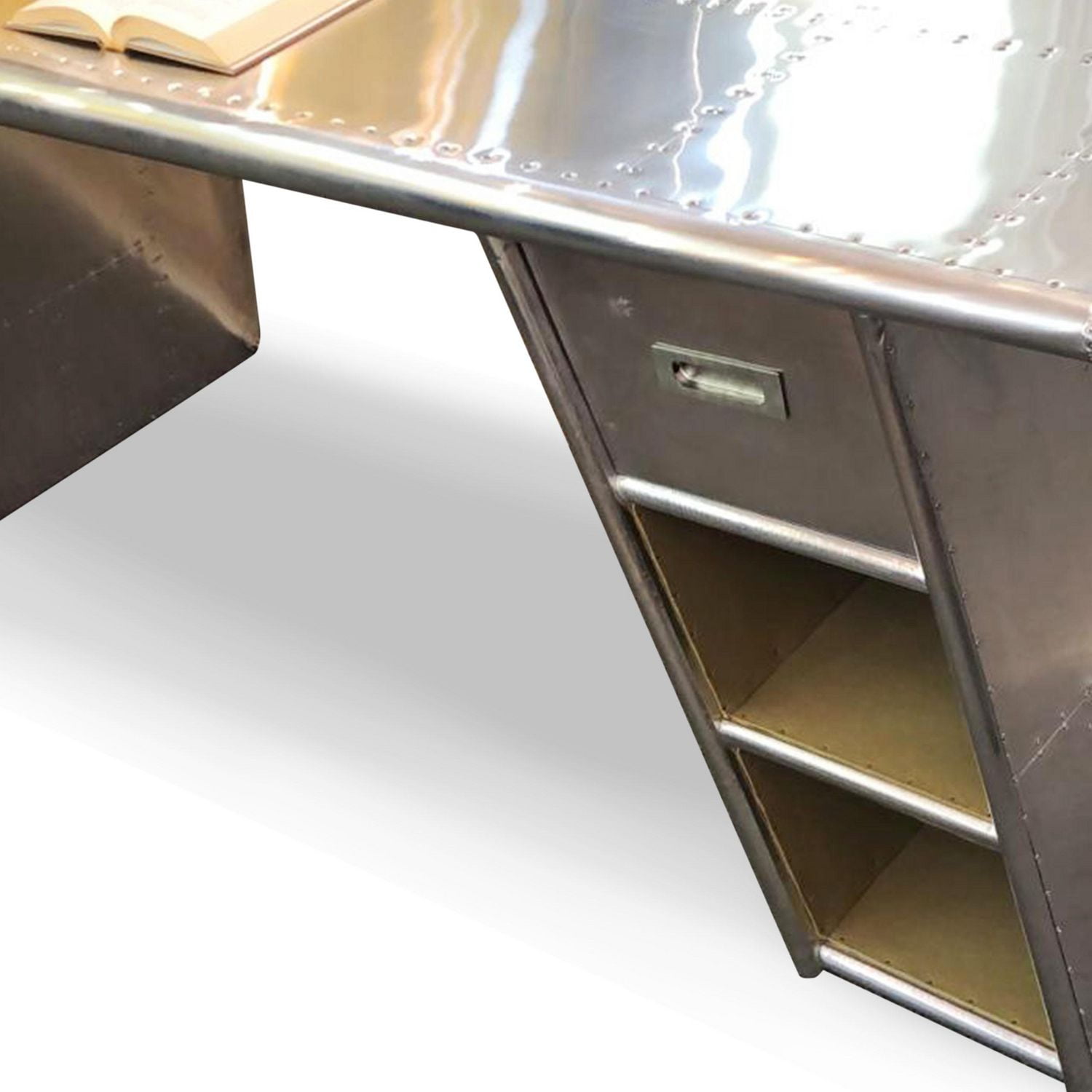 Roadney Desk with Polished Finish, Metal Desk, Riveted Aluminum Desk, Polished Desk, Metal Desk with Shelves, Office Desk, Study Desk