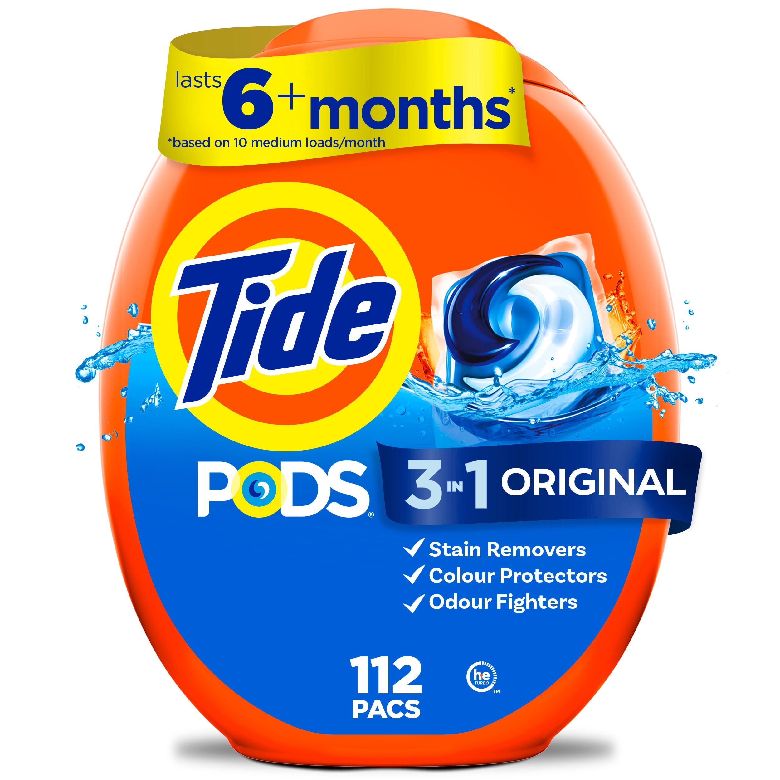Tide PODS laundry detergent pacs, 3-in-1 Stain Remover, Odor Fighter, Color Protector, HE compatible, Original Scent, 112 Count