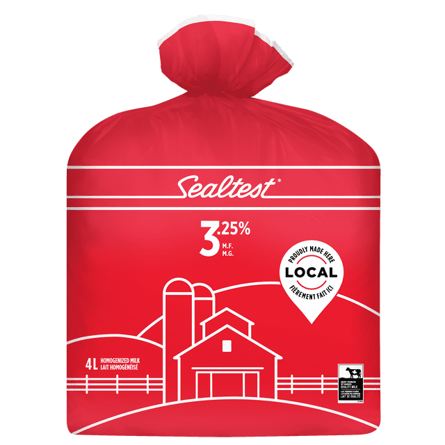 Sealtest Homogenized 3.25% Milk in a 4 L red plastic bag featuring white farm illustrations and Canadian local dairy quality labels, providing fresh, preservative-free whole milk rich in calcium and vitamin D, often used for drinking or cooking.