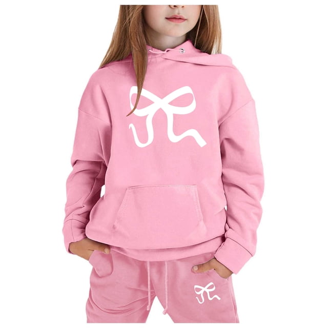 GDREDA Girls Sets 2 Piece Outfits Spring Children's Hoodie Set With Bow Print Pink,8-9Years