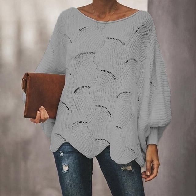 VgaVtl Womens Sweaters Plus Size Long Sleeve Pullover Womens Sweater Gray Hollow Knitted Solid Sweaters