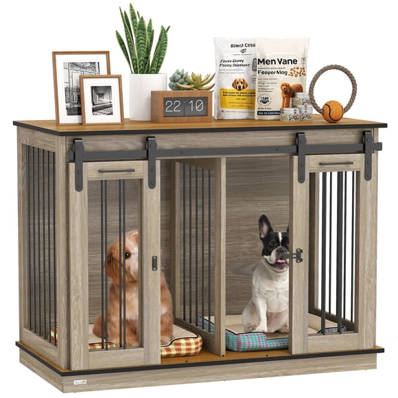 PawHut 47in Dog Crate Furniture with Divider Panel, Wooden Dog Kennel TV Stand for Large Breeds, Pet House Side Table for 2 Small Breeds with 2 Rooms Design, 2 Sliding Doors, Oak