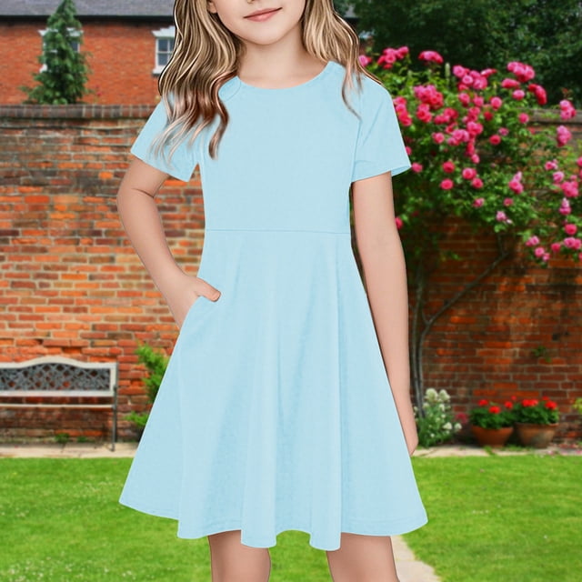 NTACZA Robe d'Été Fille Midi à Manches Courtes Décontractée T-Shirt Robes Ample Fluide Robe de Plage pour Enfants 13 Ans