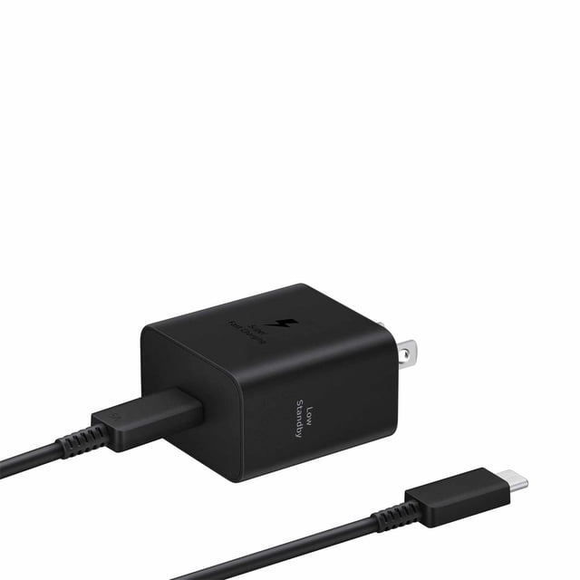 Samsung 45 W Type-C Travel Adaptor with Cable Black featuring a compact black wall charger with foldable prongs and detachable USB-C to USB-C cable, supporting Super Fast Charging with Power Delivery for Galaxy phones and USB-C devices, ideal for travel and fast device syncing.