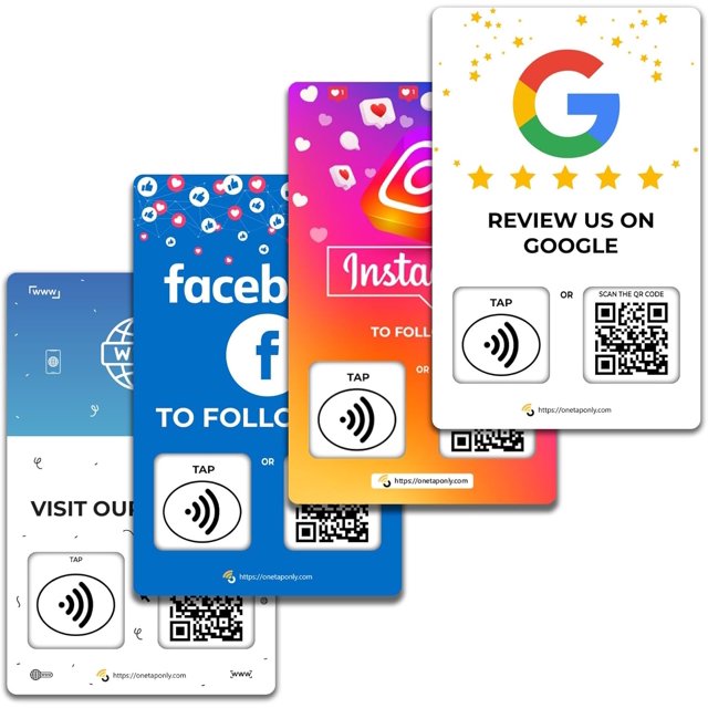 Custom Reusable Tag-Tap/QR Social Review Card -4 Pack Instant Social Reviews Card - QR Code and NFC Cards for Business, Social Review Tap Card