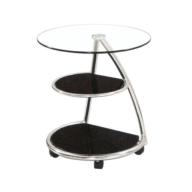 Canadian Table Chariot Ange avec un Dessus en Verre Trempé Transparent de 10 mm et Deux Tablettes en Verre Trempé Noir sur un Cadre en Métal Argenté avec Roulettes Verrouillables, Convient au Rangement et à l'Exposition au Salon avec Tablettes Ajustables et Mobilité Facile.