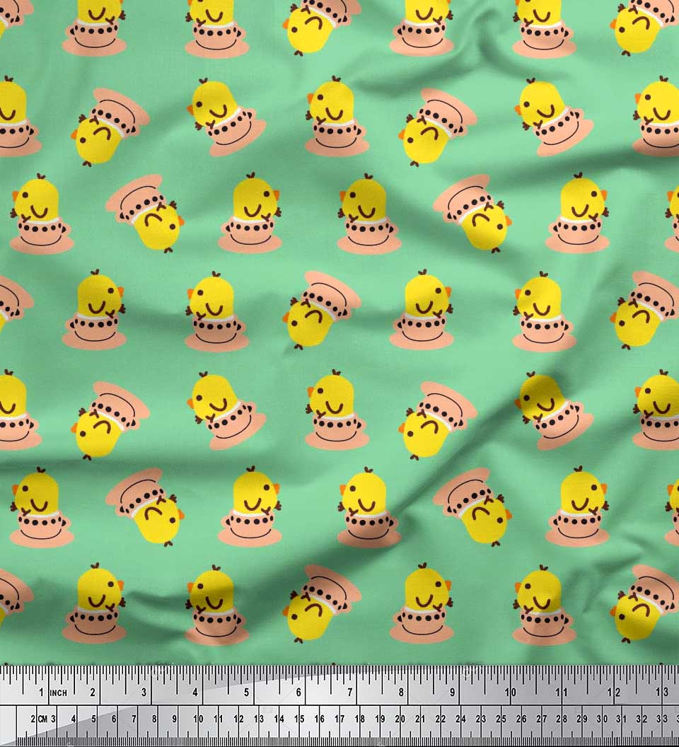 Soimoi Silk Fabric Cup,Plate & Chick Cartoon Printed Fabric 1 Yard 42 Inch Wide