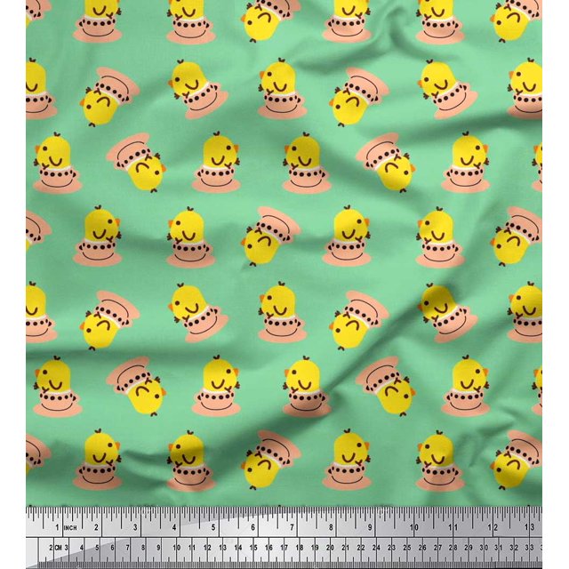 Soimoi Silk Fabric Cup,Plate & Chick Cartoon Printed Fabric 1 Yard 42 Inch Wide