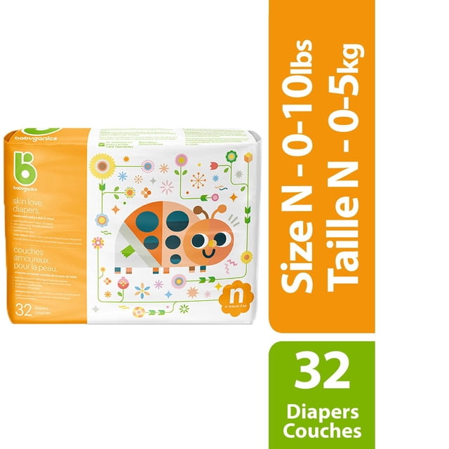 Babyganics Ultra Absorbent Diapers size N (0-10 lbs, 0-5 kg) pack of 32 featuring a colorful ladybug and floral design on white and orange packaging, made with plant-derived ingredients for newborns' sensitive skin and enhanced absorbency.
