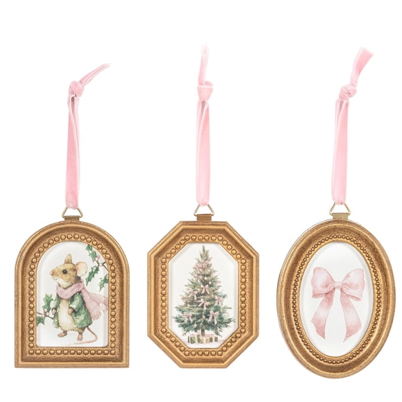 Trio d'ornements de Noël roses encadrés