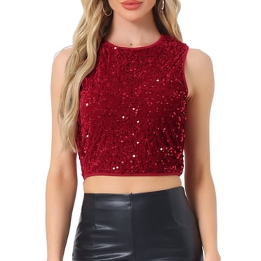 INSPIRE CHIC Halloween Sequin Tank Tops for Women Crop Scoop Neck Sleeveless Sparkly Glitter Club Party Nightout Vest Blouse L Red