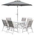 thumbnail image 1 of Outsunny 8 Piece Patio Dining Set w/ Table Umbrella 6 Folding Chairs, Grey, 1 of 10