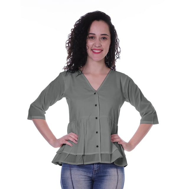 Moomaya Haut Péplum en Coton pour Femmes Tunique en Coton à Col en V Blouse Ethnique