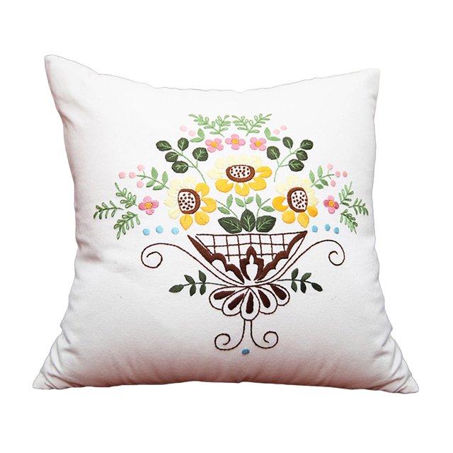 DIY Embroidery Pillow Covers Cushion Cover Floral Pattern Fabric Pillow Case white1