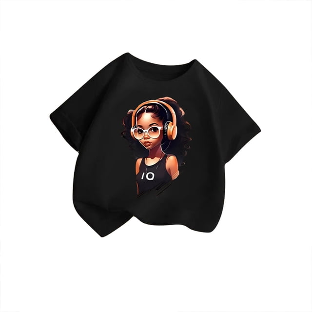 MEZZALL T-Shirt Graphique Mignon pour Fille, Col Rond, Manches Courtes, Tee d'Été Décontracté, T-Shirts Hauts, Noir, 9-10 Ans