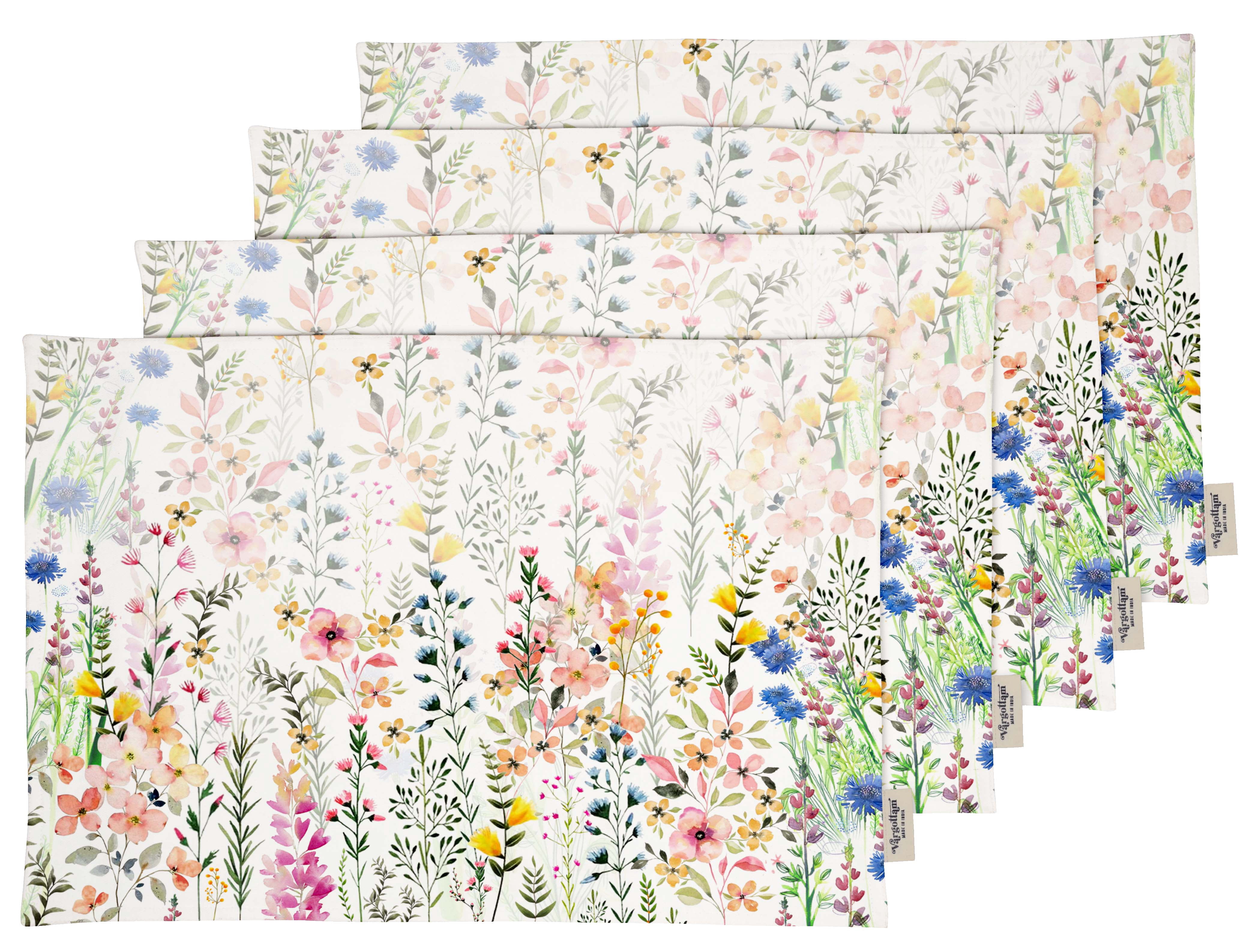 Vargottam Napperons - Napperon pour Table à Manger, Ensemble de 4 - Serviette en Coton Imprimée et Réversible - Napperons d'Intérieur pour Table de Salle à Manger à la Maison et en Cuisine - Fleurs Printanières (Multicolore)