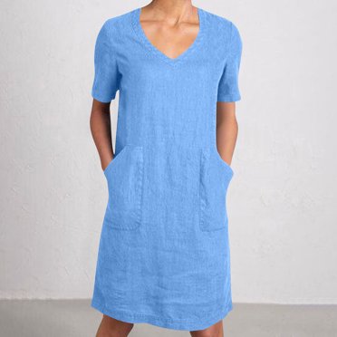 LOVZFMLL Robe Ample pour Femme en Lin à Manches Courtes, Col en V, avec Poches, Bleu, m
