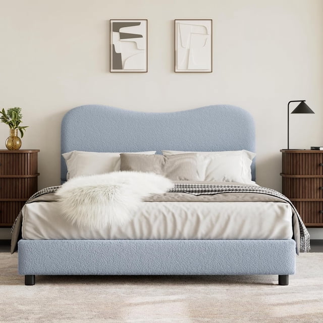 Ourlova Queen Size Upholstered Bed Frame with Headboard Low Profile Platform Rounded Corners Wooden Slats Noise Free No Box Spring Needed Blue