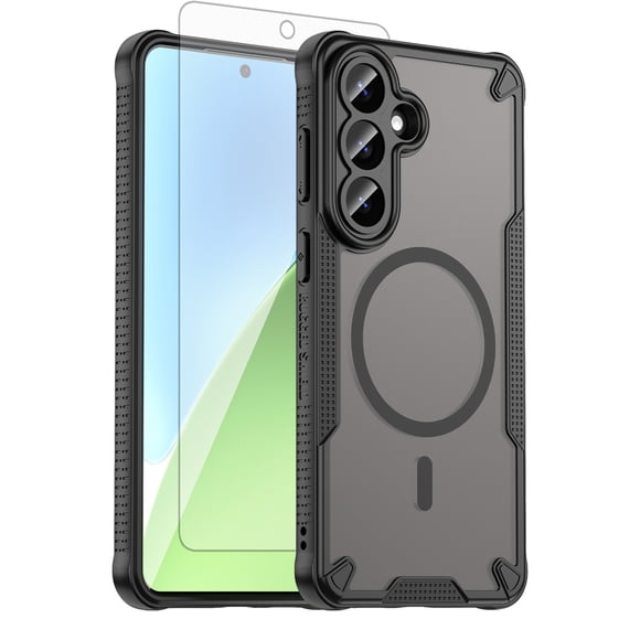 Asuwish Phone Case Compatible with S26 Plus S26+ 5G Magnetic Tempered Glass Screen Protector, Translucent Matte Back Shockproof Protective Cell Cover S26plus 26S S 26+ Women Men Black