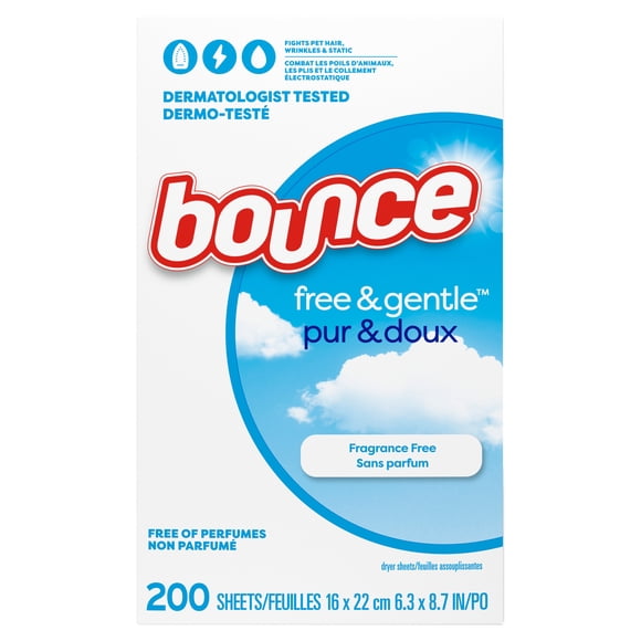 Feuilles assouplissantes Bounce, Anti-poils d’animaux et anti-peluche, non parfumées, 200 unités